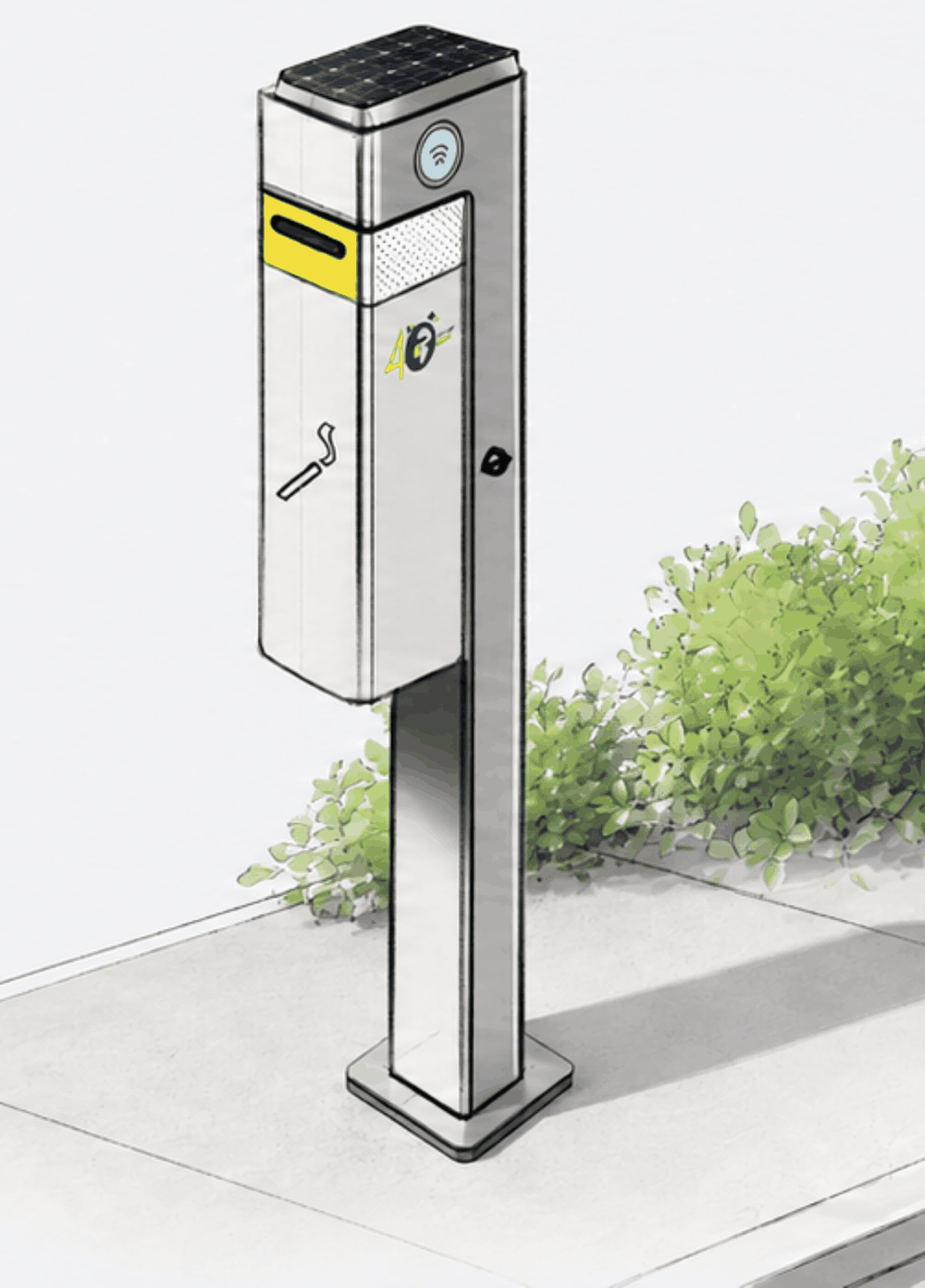 Croquis du cendrier connecté 4Eneco sur son mât — panneau solaire, insert jaune et capteur